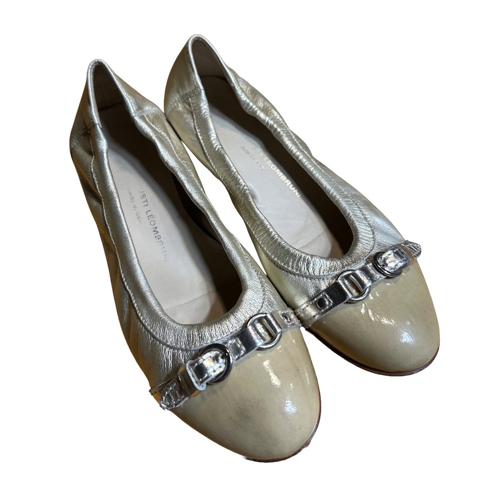 St. Leombruni Gold Ballet Flats Leather Buckle Embellishment‎ Made in Italy